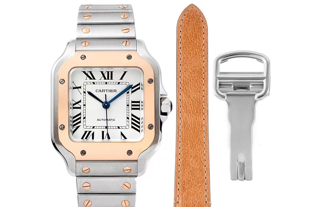 (image for) Cartier Santos WoMens Rose Gold Silver Case White Detail 35.1MM Steel Strap