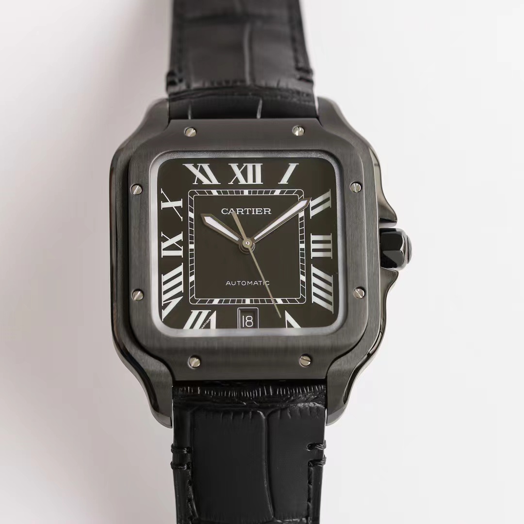 (image for) Cartier Santos Mens Black Case Black Detail 39.8MM Leather Strap