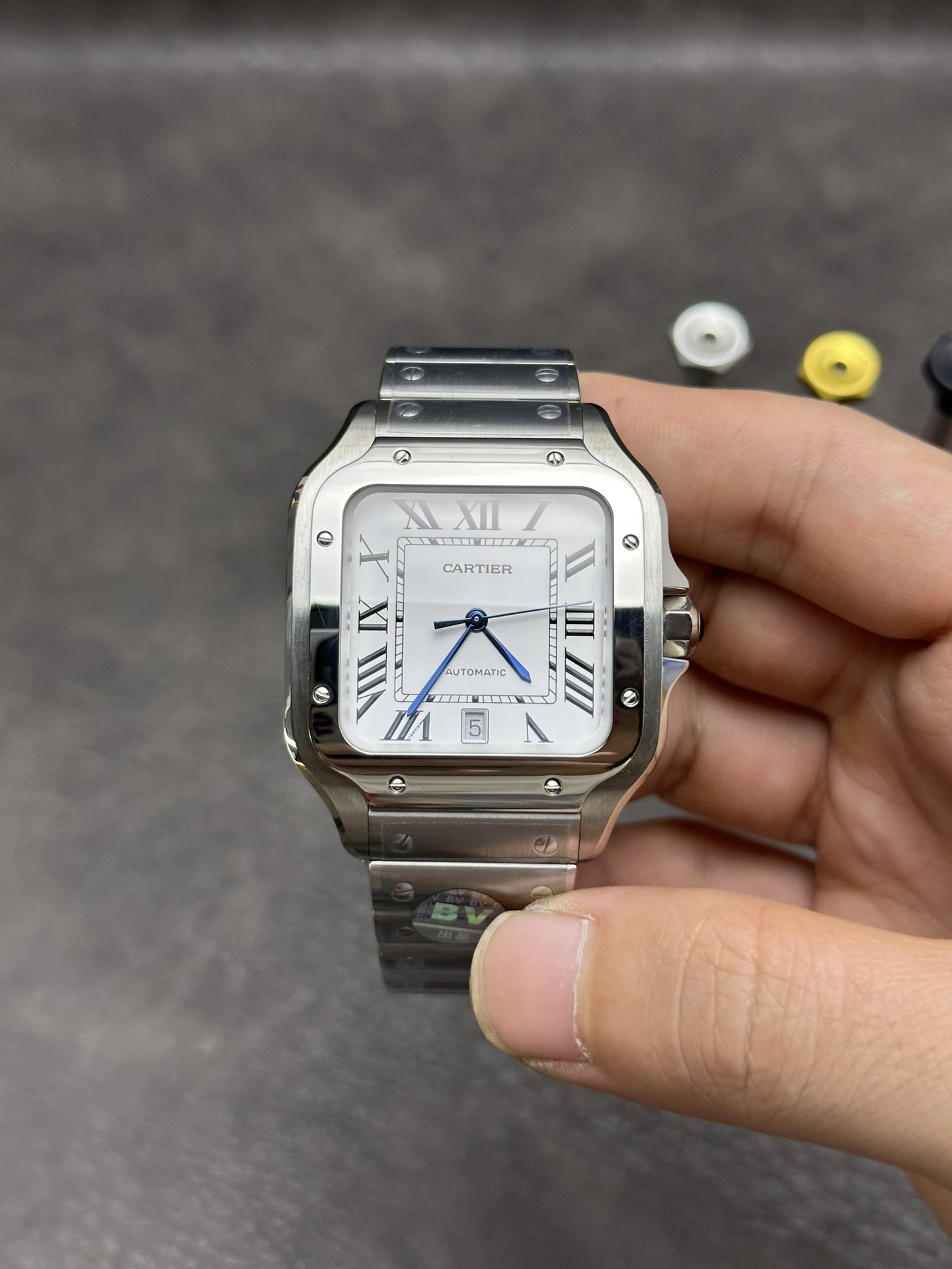 (image for) BV factory Cartier Santos Mens Silver Case White Detail 39.8MM Steel Strap and add leather strap