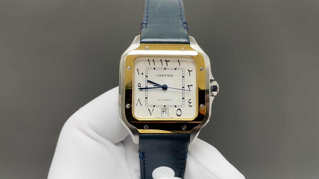 Cartier Santos Mens Watches White Details 39.8MM Steel And Leather Strap