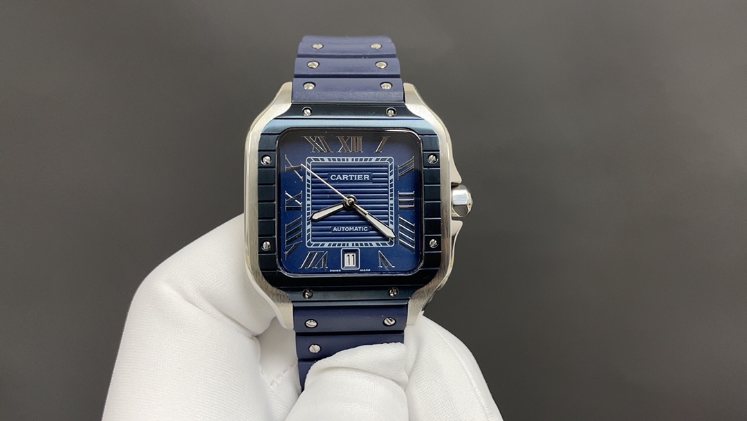 (image for) Cartier Santos Mens Blue Case Blue Details 39.8MM Rubber Strap