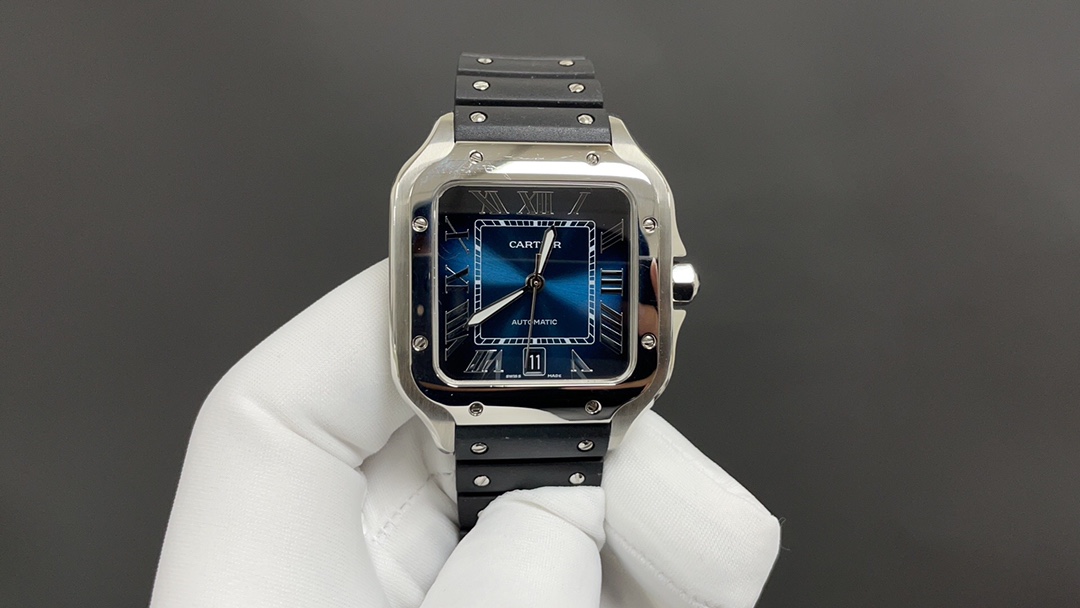 (image for) Cartier Santos Mens Silver Case Blue Details 39.8MM Rubber Strap