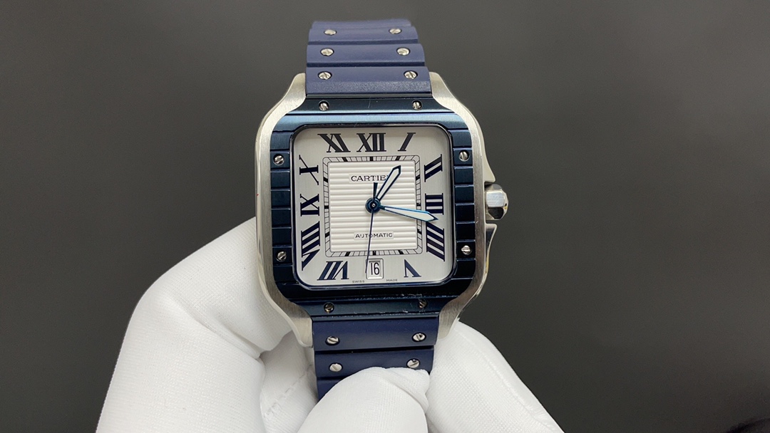 (image for) Cartier Santos Mens Blue Case White Details 39.8MM Rubber Strap