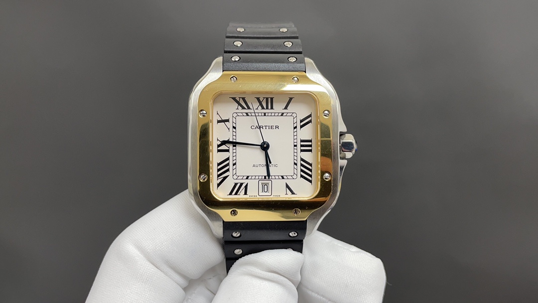 (image for) Cartier Santos Mens Gold And Silver White Details 39.8MM Rubber Strap