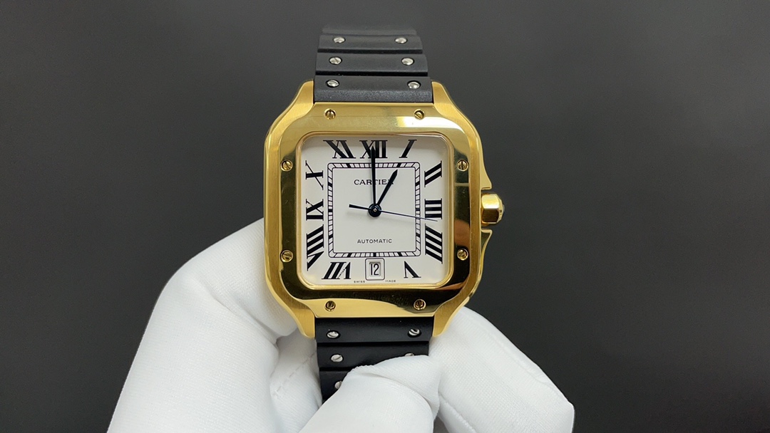 (image for) Cartier Santos Mens Gold Case White Details 39.8MM Rubber Strap