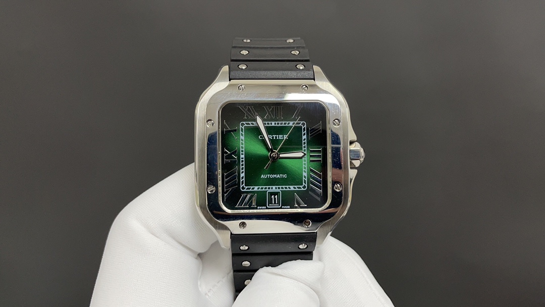 (image for) Cartier Santos Mens Silver Case Green Details 39.8MM Rubber Strap