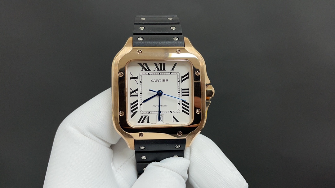(image for) Cartier Santos Mens Rose Gold Case White Details 39.8MM Rubber Strap