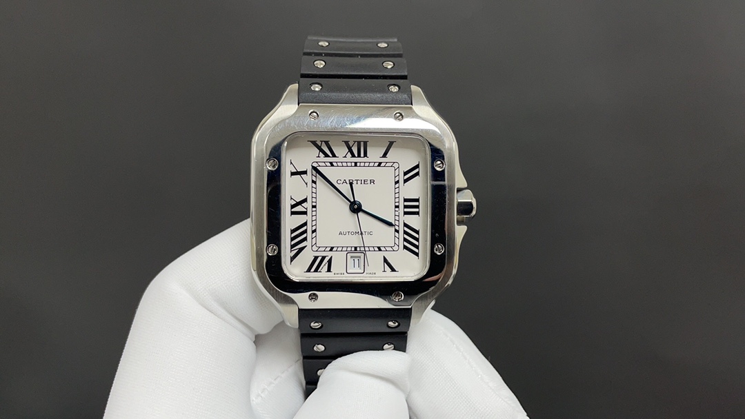 (image for) Cartier Santos Mens Silver Case White Details 39.8MM Rubber Strap