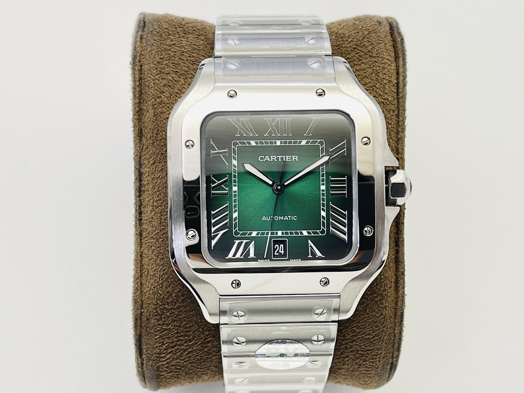 (image for) BV factory Cartier Santos Mens Silver Case Green Detail 39.8MM Steel Strap and add leather strap