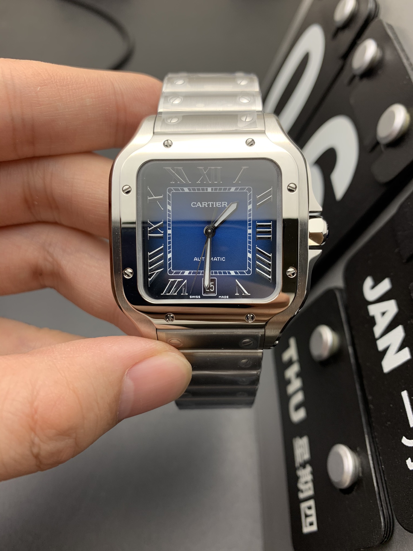 (image for) BV factory Cartier Santos Mens Silver Case Blue Detail 39.8MM Steel Strap and add leather strap