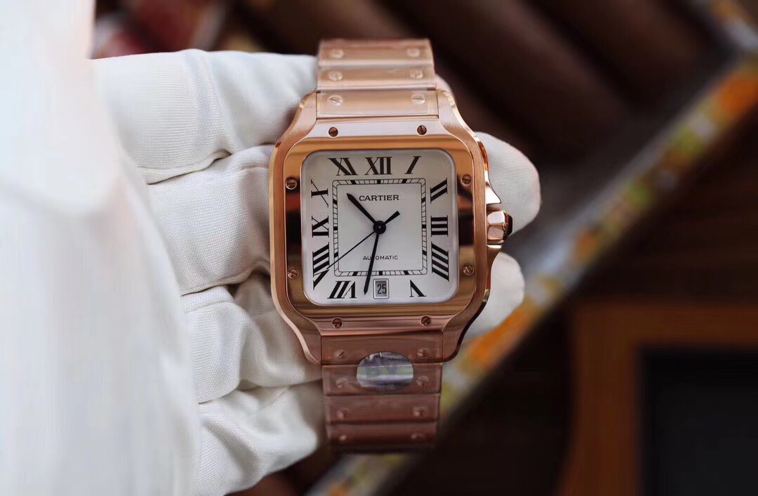 (image for) BV factory Cartier Santos Mens Rose Gold Case White Detail 39.8MM Steel Strap and add leather strap