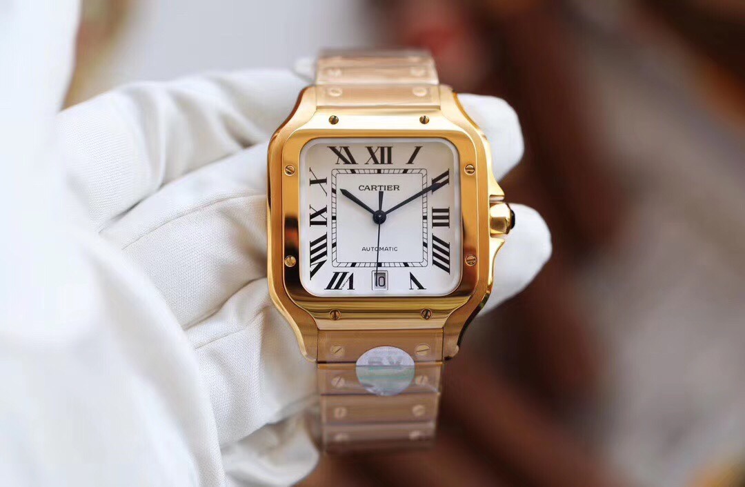 (image for) BV factory Cartier Santos Mens Gold Case White Details 39.8MM 316L Steel Strap and add leather strap