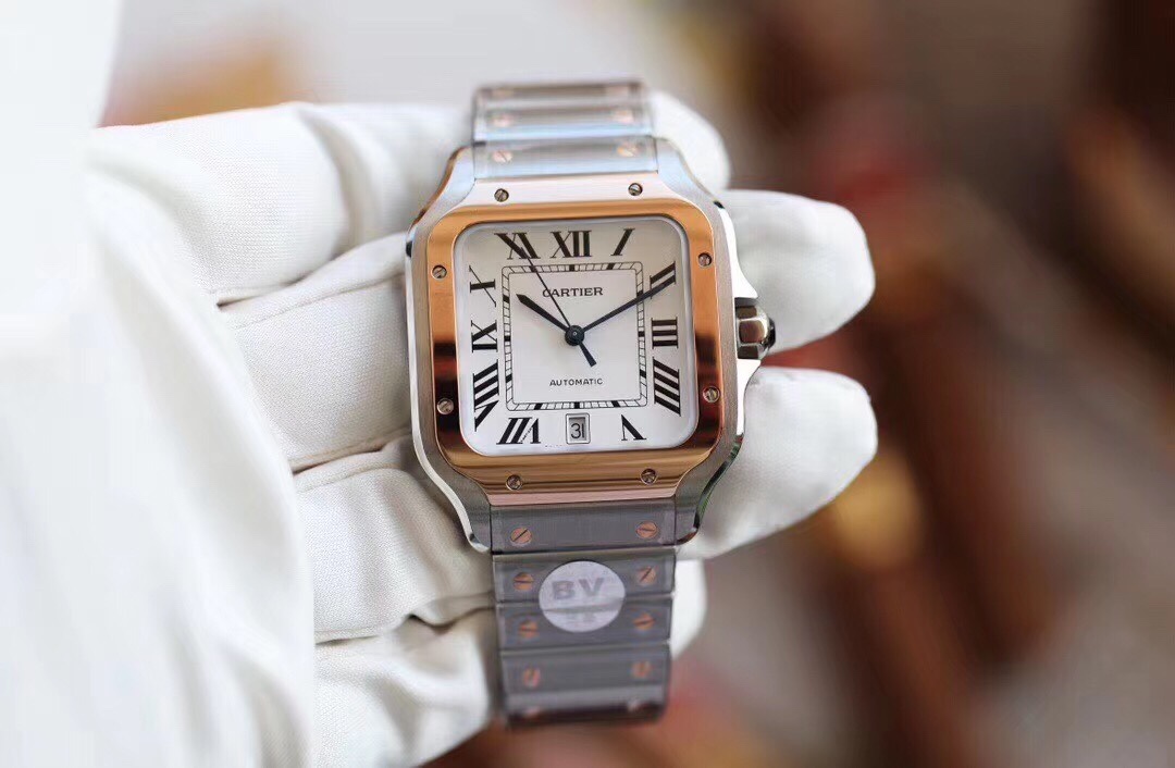 (image for) BV factory Cartier Santos Mens Rose Gold And Silver 39.8MM Steel Strap and add leather strap