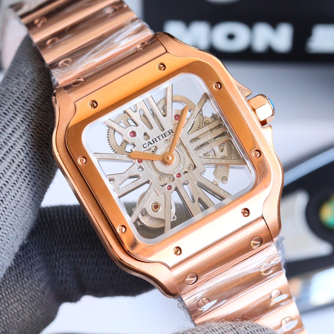 (image for) Cartier Santos Mens Gold Case Hollowed Detail 39.8MM Steel Strap