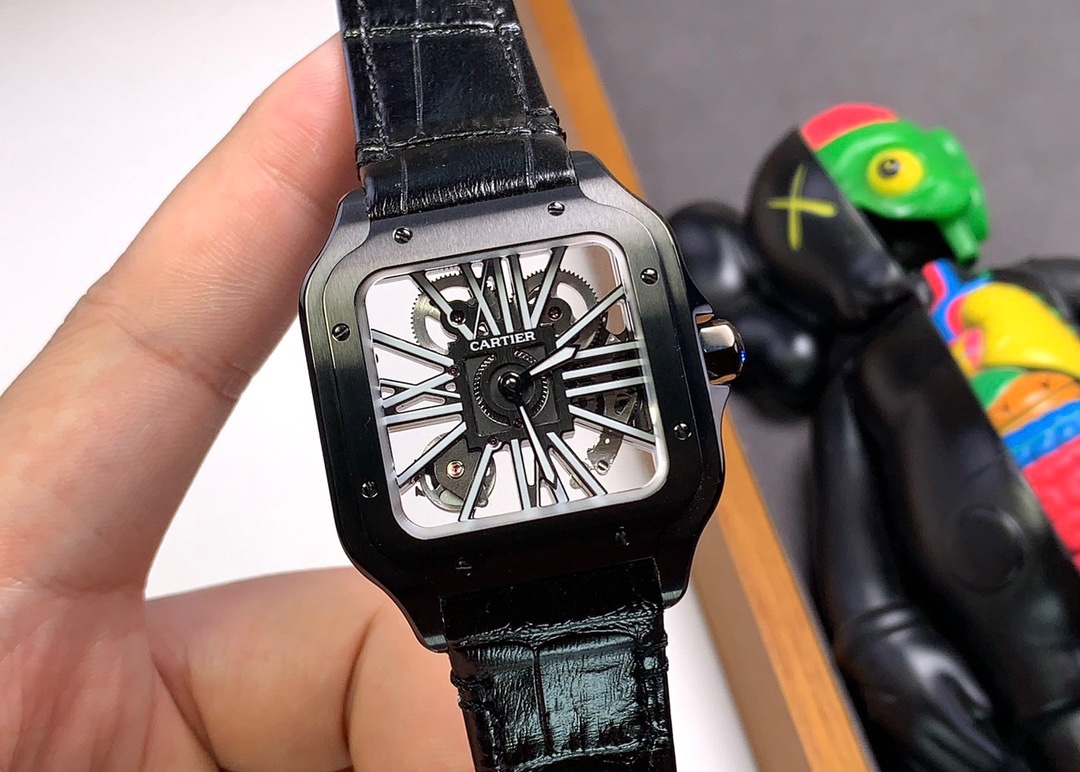 (image for) Cartier Santos Mens Black Case Hollowed Detail 39.8MM Leather Strap